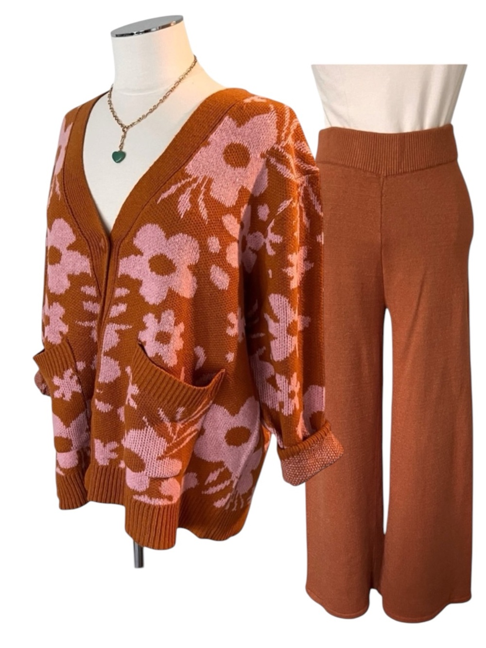 SUGARLIPS + IN LOOM Set Floral Cardigan Wide Leg Pants Burnt Orange Pink Sz S/ M